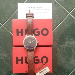 HUGO Brown Leather Strap Watch with Black Dial